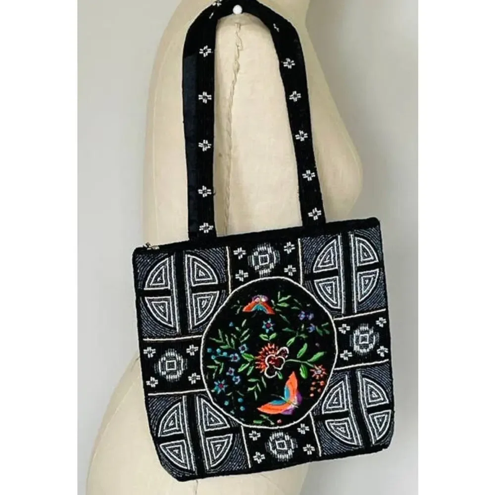 Beaded Bird Butterfly Tote Black Artisan Embroidered Statement Bag